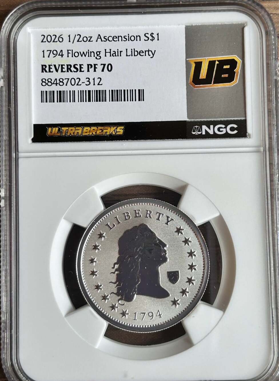 NGC 2026 1/2oz Ascension Island Flowing Hair Liberty Reverse PF 70